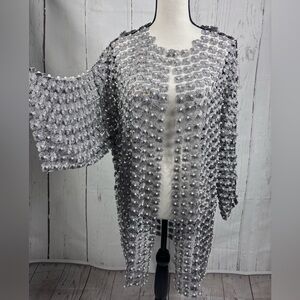 NWT Ellyndale Long Lace Silver Cardigan Coverup with All Over Pearls Attached